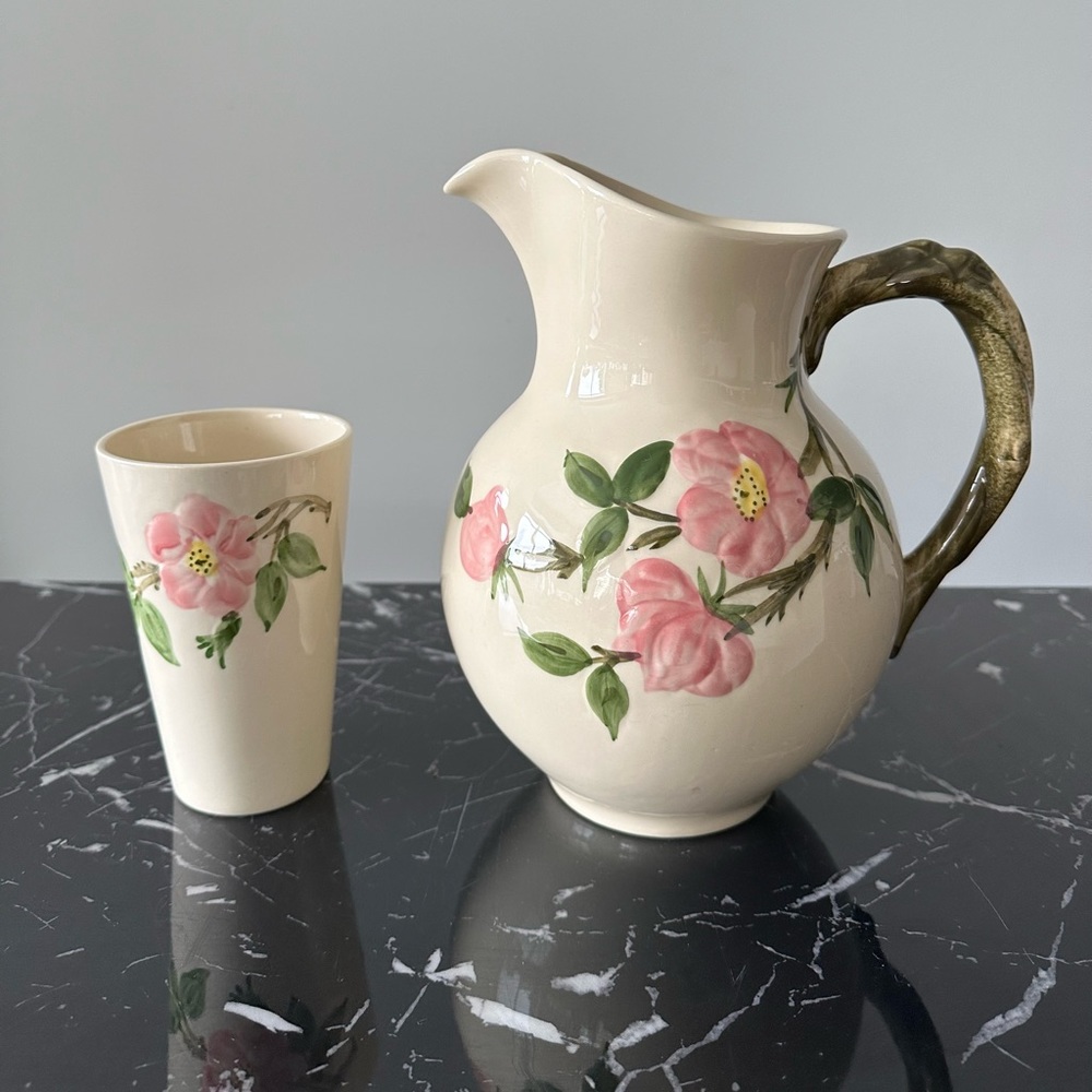 1940’s Franciscan Ware Desert Rose Hand Painted Pitcher Jug and Tumbler Cup Rare